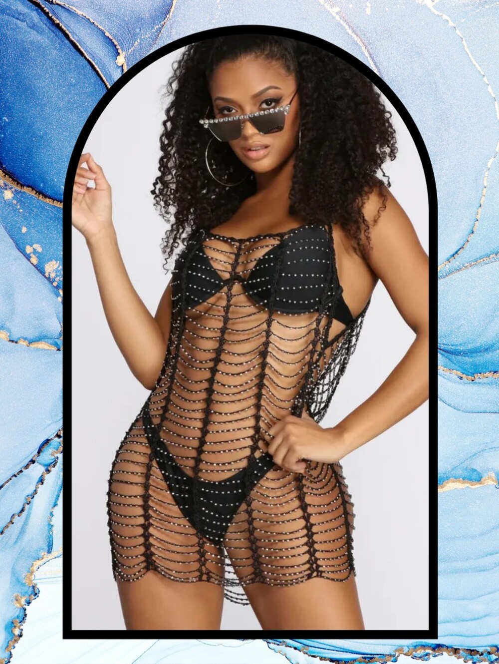 Black Crochet Rhinestone Swim Cover Up - Picture 2 of 5